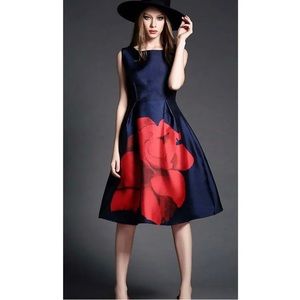 Fit & Flare, Navy Statement Red Flower, Satin,  Dress, size 6/8